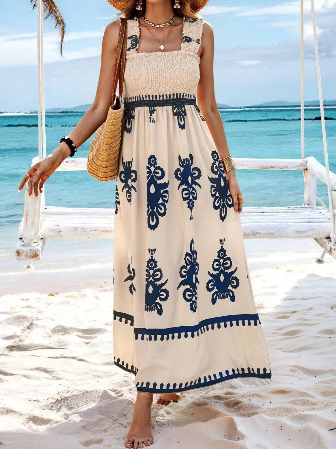 Hazel Blues® |  Smocked Printed Wide Strap Maxi Dress