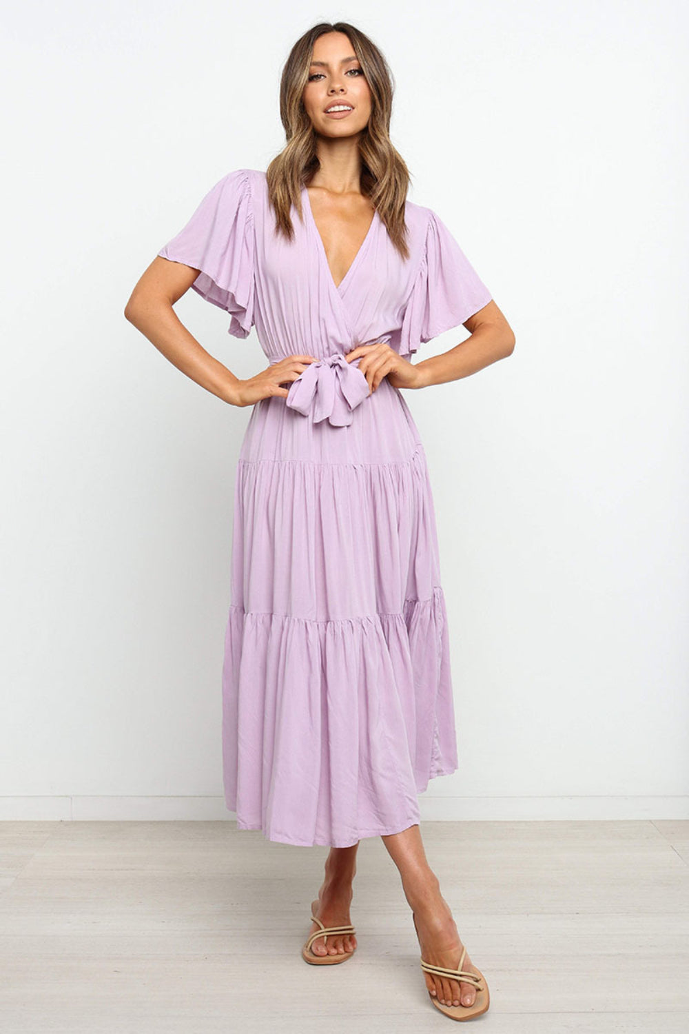 Hazel Blues® |  Tied Back Tiered Short Sleeve Midi Dress