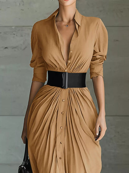 Hazel Blues® | Button Front Ruched Shirt Maxi Dress