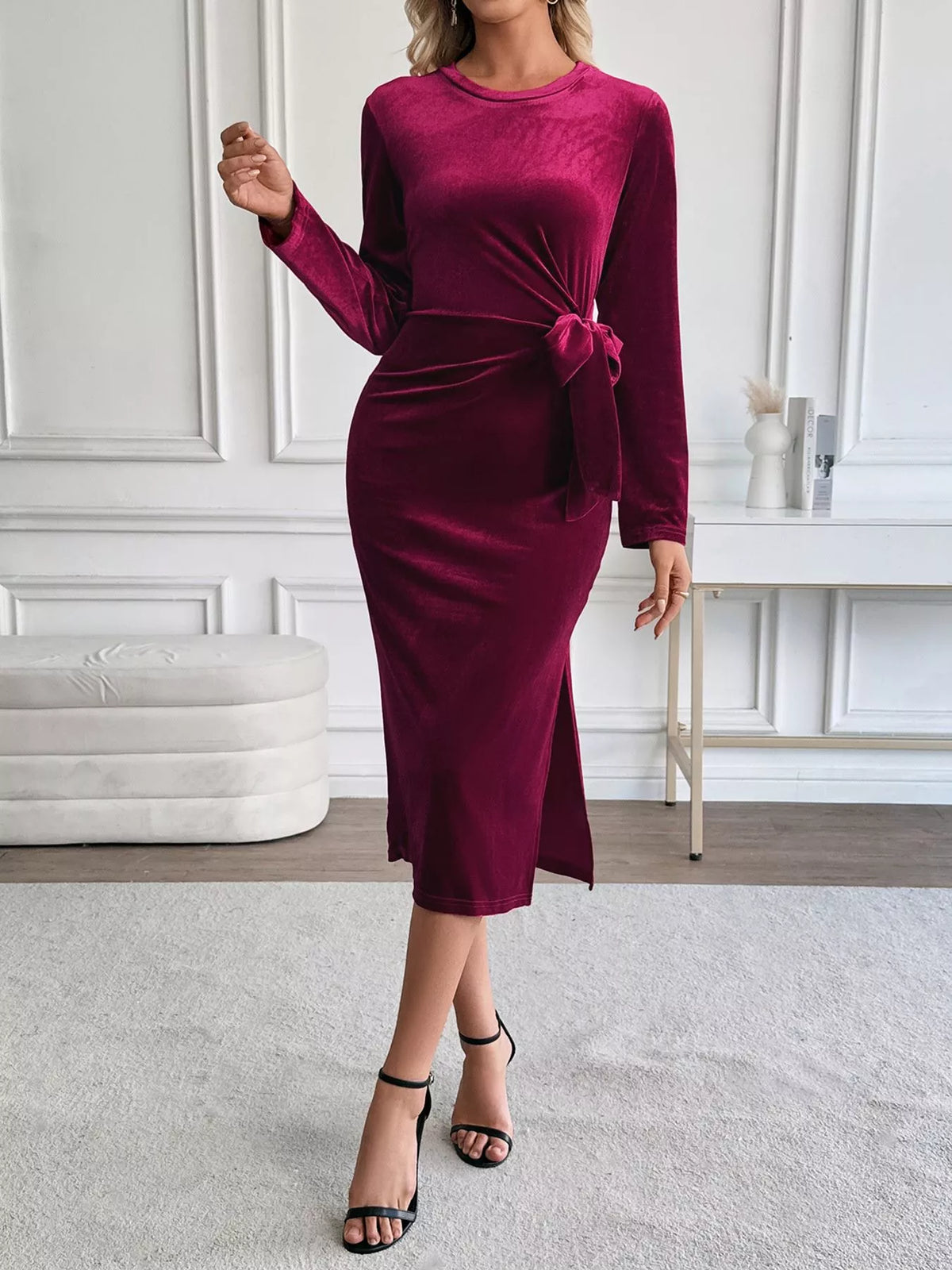Hazel Blues® |  Velvet Slit Round Neck Long Sleeve Dress with Side Tie Detail
