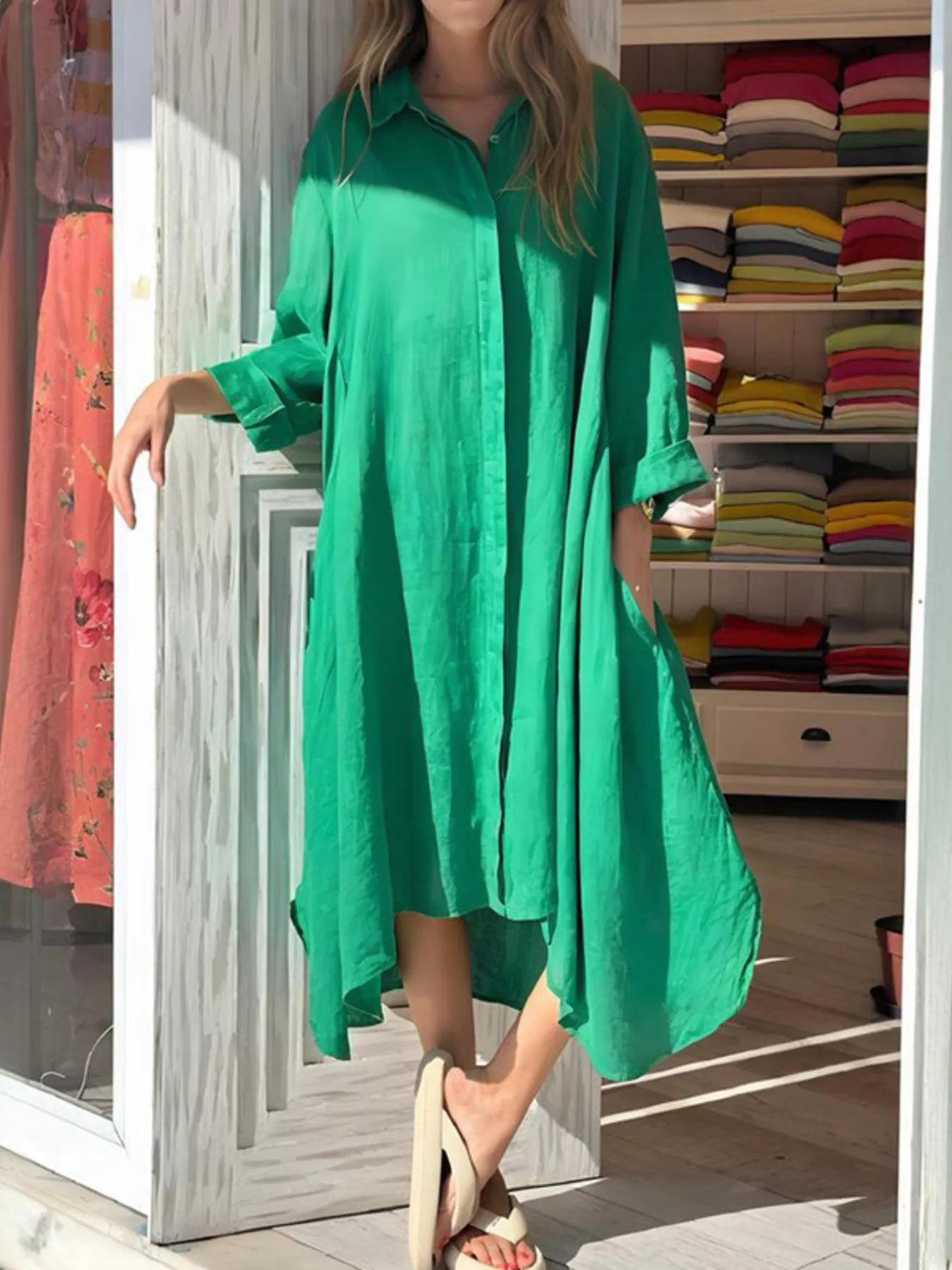 Hazel Blues® |  Button Front Long Sleeve Shirt Dress