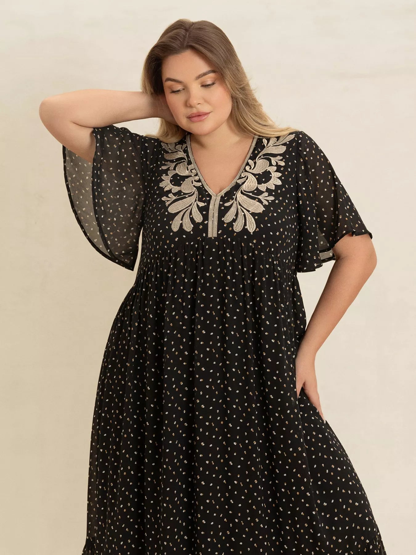 Hazel Blues® | Printed V-Neck Flutter Sleeve Maxi Dress