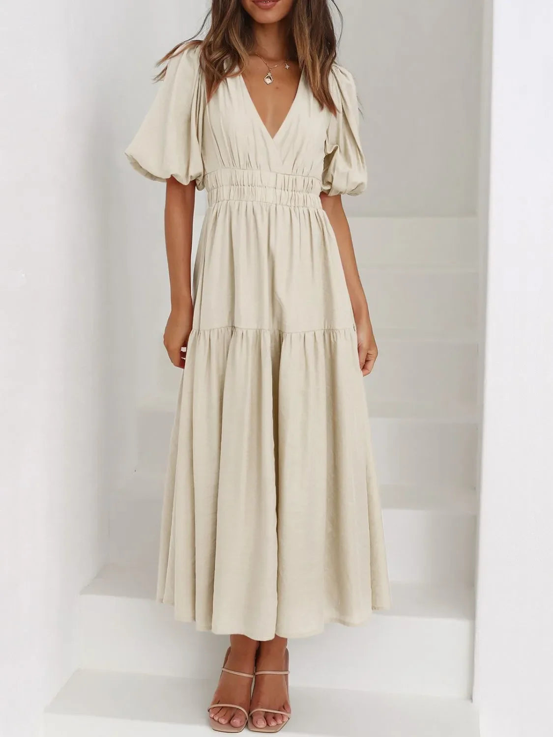 Hazel Blues® |  V-Neck Puff Sleeve Midi Dress