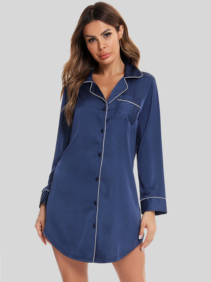 Hazel Blues® |  Button Up Lapel Collar Night Dress with Pocket