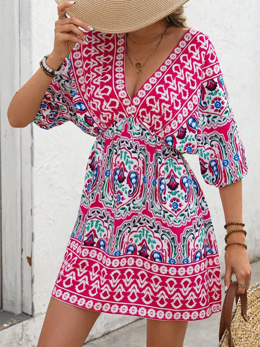 Hazel Blues® |  Printed Tie Back Half Sleeve Mini Dress