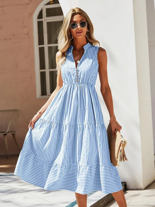 Hazel Blues® |  Striped Sleeveless Tiered Midi Dress