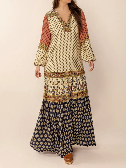 Hazel Blues® |  Printed V-Neck Balloon Sleeve Maxi Dress