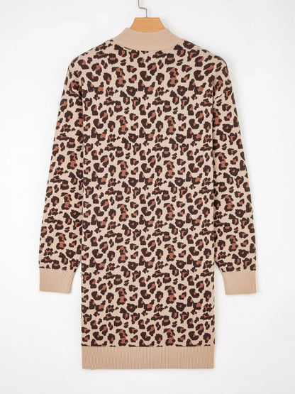 Hazel Blues® |  Leopard Print High Neck Shift Mini Sweater Dress