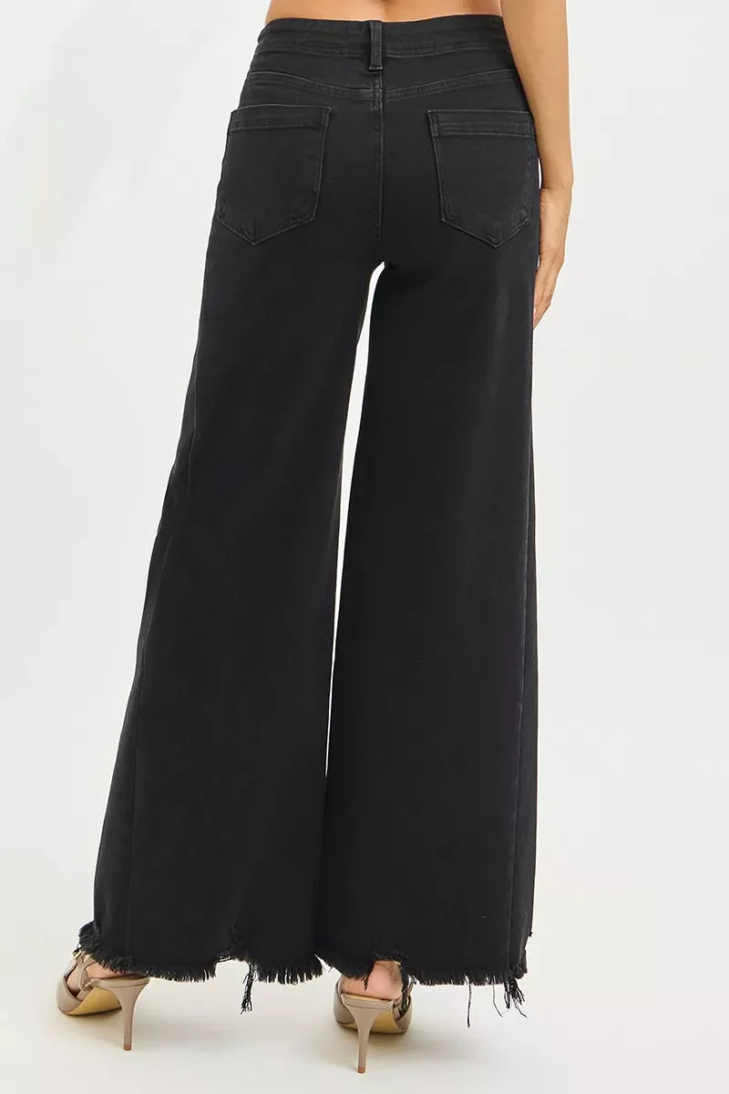 Hazel Blues® |  RISEN Tummy Control High Rise Palazzo Leg Frayed Hem Jeans
