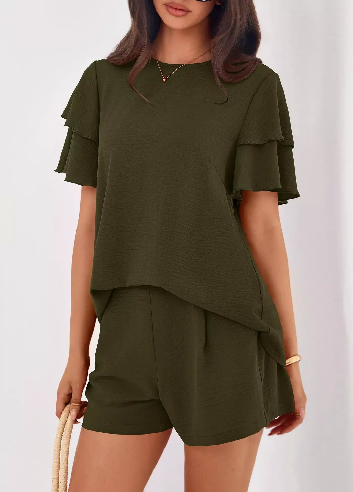 Hazel Blues® |  Ruffle Sleeve Top and Shorts Two-Piece Set