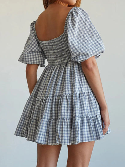 Hazel Blues® |  Ruffled Hem Plaid Half Sleeve Mini Dress