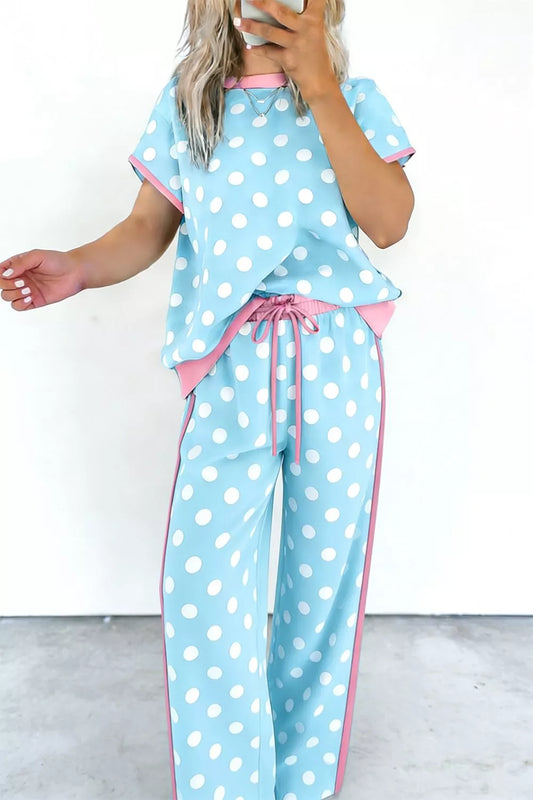 Hazel Blues® |  Polka Dot Contrast Trim Top and Pants Set