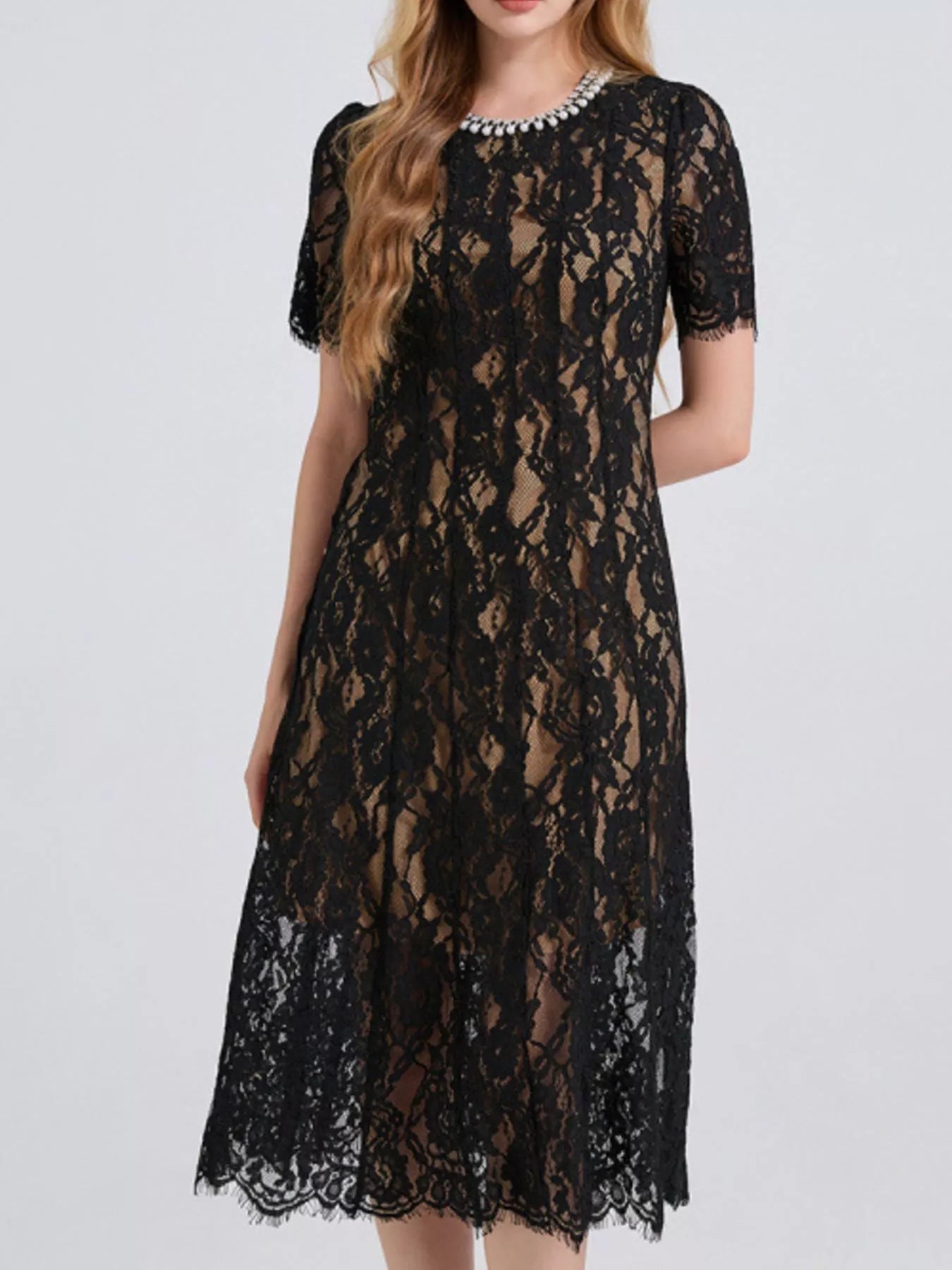 Hazel Blues® |  Lace Pearl Neckline Midi Dress