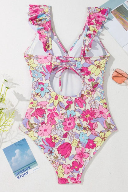Hazel Blues® | Floral Ruffle Trim Tummy Control One Piece Swimsuit