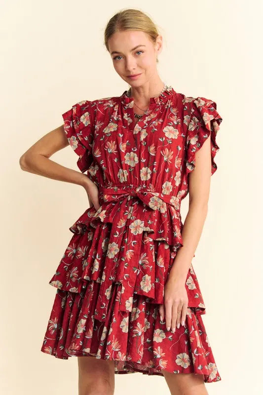 Hazel Blues® |  Davi & Dani Ruffle Flutter Sleeve Tie Belt Tiered Mini Dress