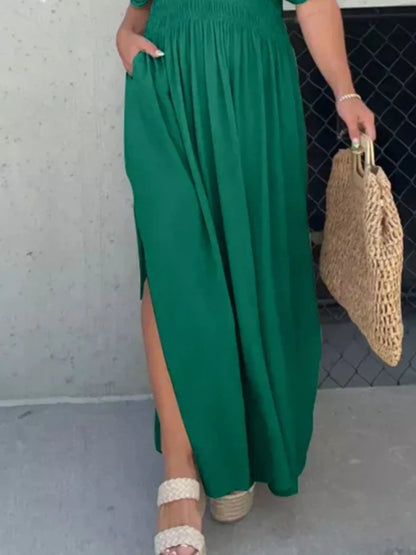 Hazel Blues® | Slit V-Neck Smocked Waist Maxi Dress