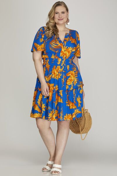 Hazel Blues® | She + Sky Printed Notched Short Sleeve Frill Tiered Dress