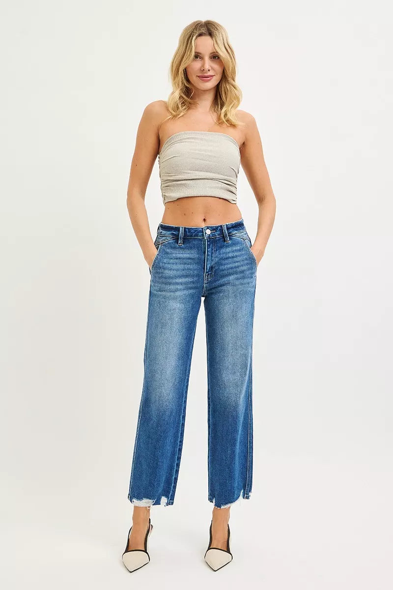 Hazel Blues® |  RISEN High Rise Ankle Straight Distressed Hem Detail Jeans
