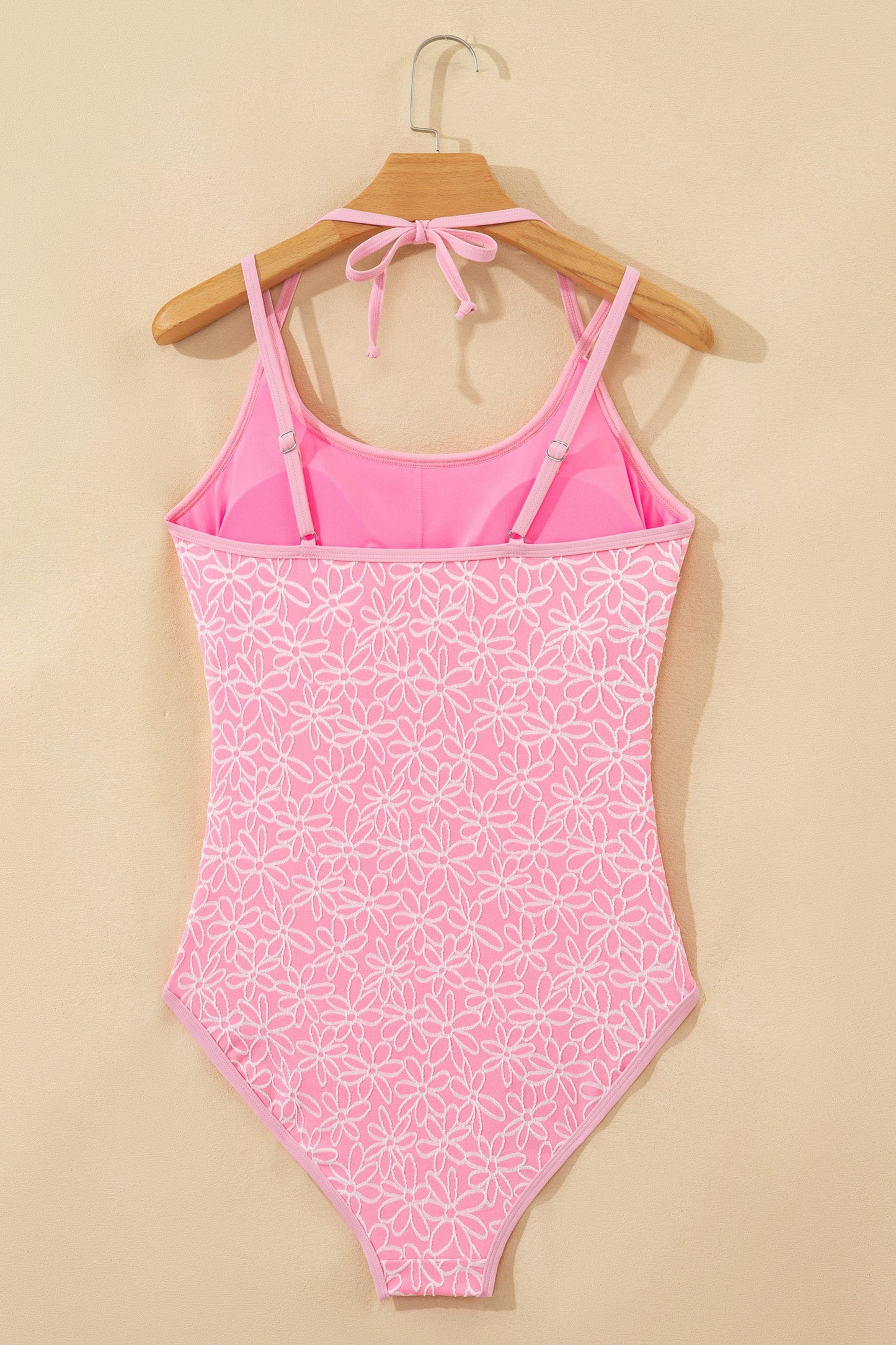 Hazel Blues® | Pink Corded Flower Texture Spaghetti Straps Halterneck One Piece Swimsuit