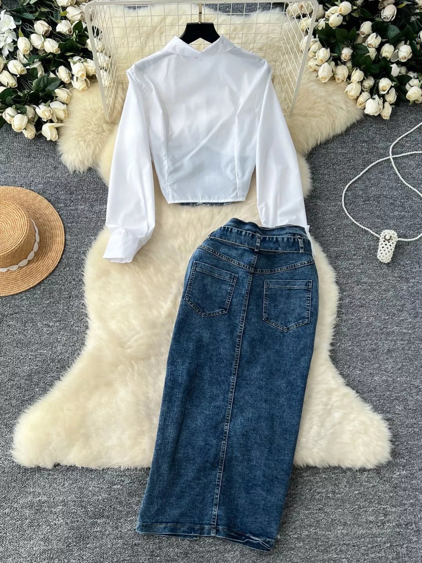 Hazel Blues® |  Frayed Denim Patchwork Top & Slit Maxi Skirt Denim Set