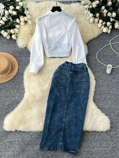 Hazel Blues® |  Frayed Denim Patchwork Top & Slit Maxi Skirt Denim Set