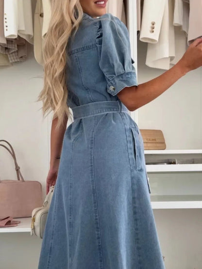 Hazel Blues® |  Puff Sleeve Button Down Belted Denim Midi Dress