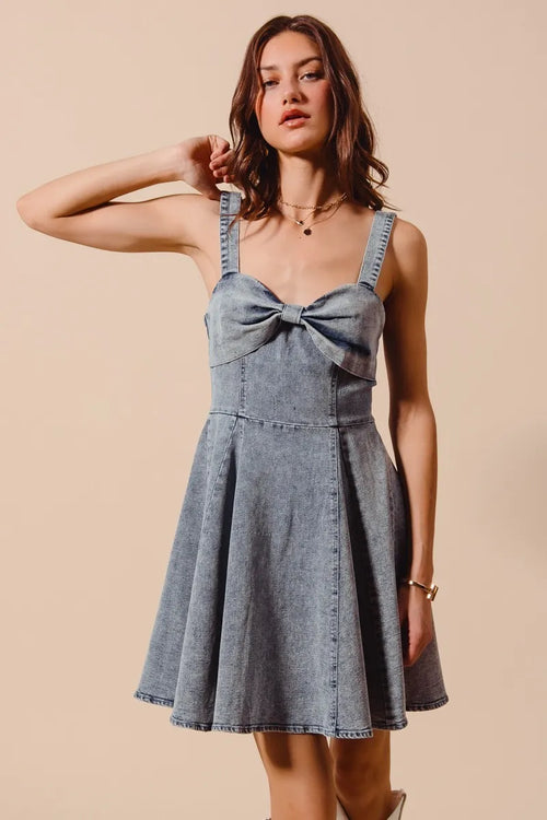 Hazel Blues® |  SO ME Mineral Washed Bow Ribbon Denim Flare Dress