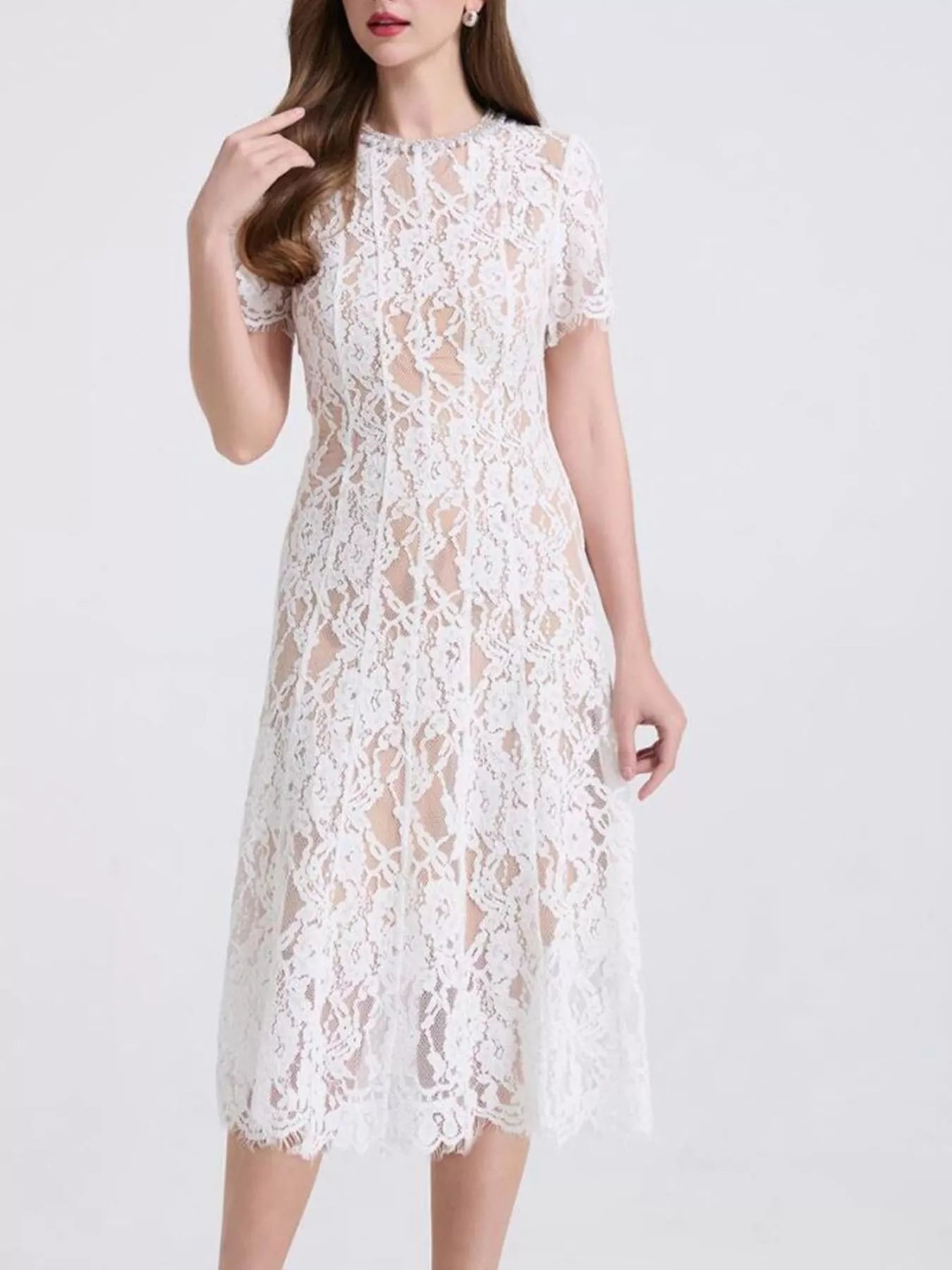 Hazel Blues® |  Lace Pearl Neckline Midi Dress