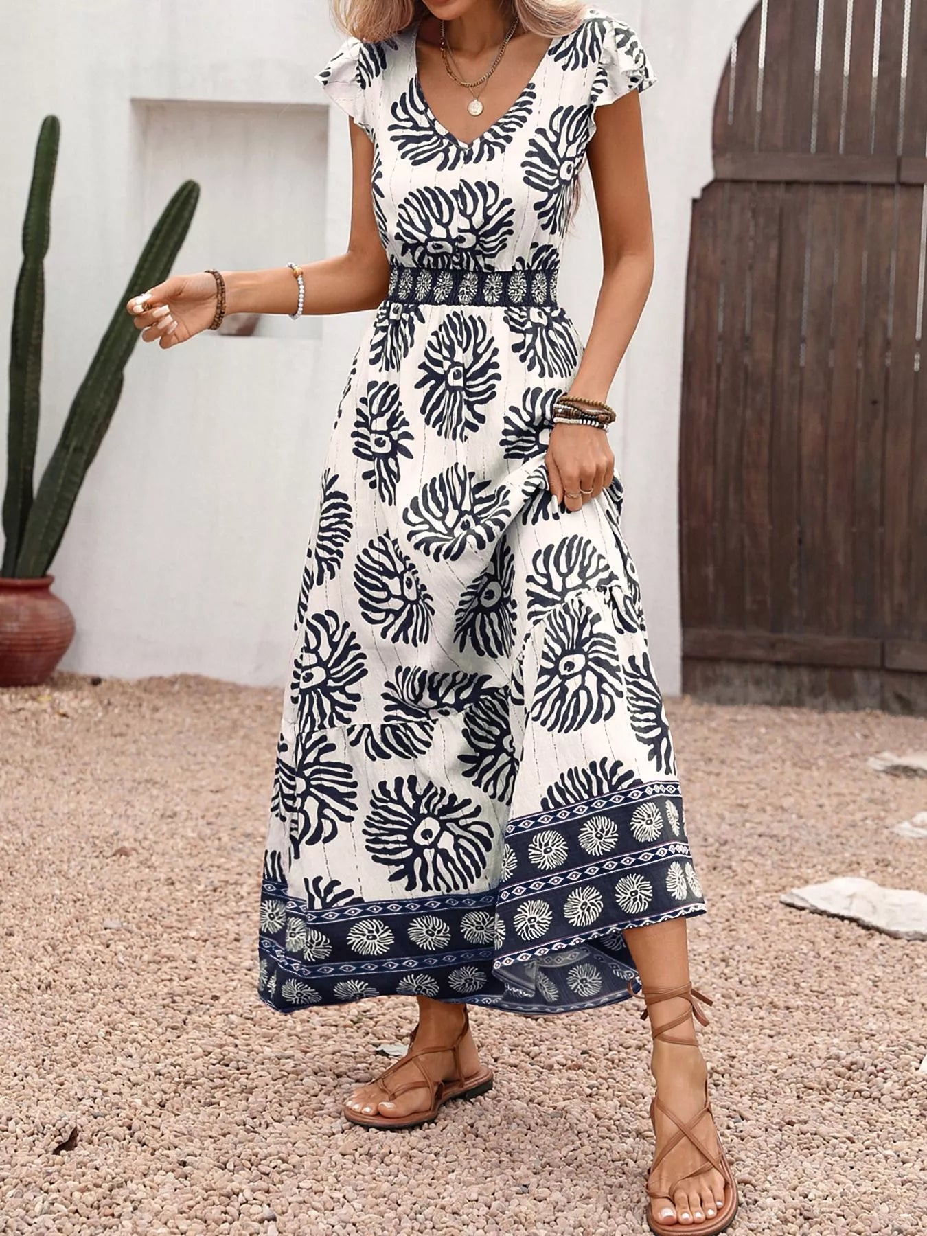 Hazel Blues® |  Printed V-Neck Cap Sleeve Maxi Dress