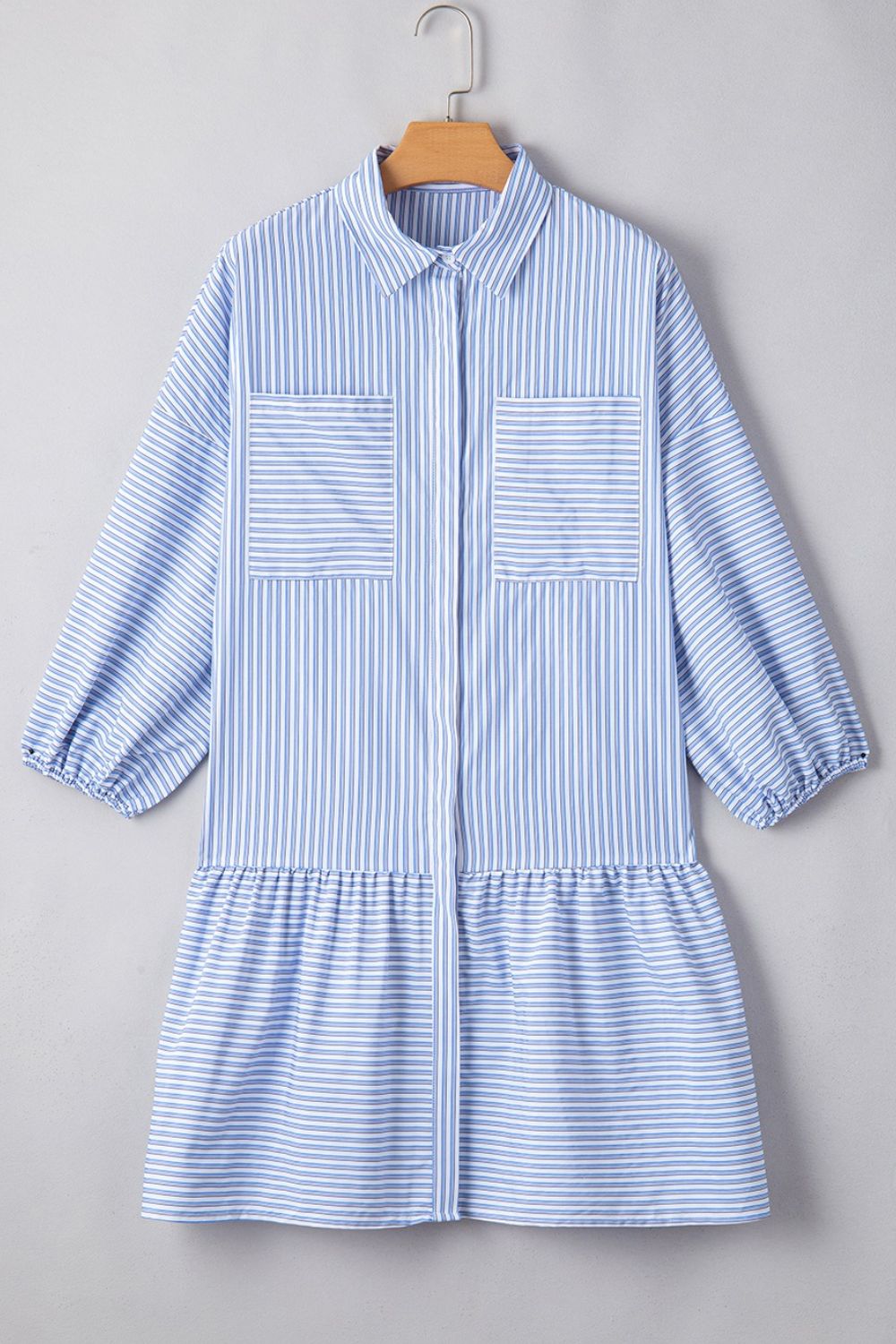 Hazel Blues® |  Stripe Bubble Sleeve Chest Pockets Shirt Dress