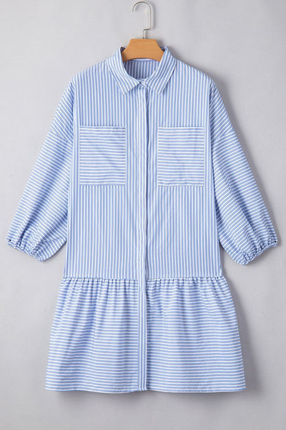 Hazel Blues® |  Stripe Bubble Sleeve Chest Pockets Shirt Dress