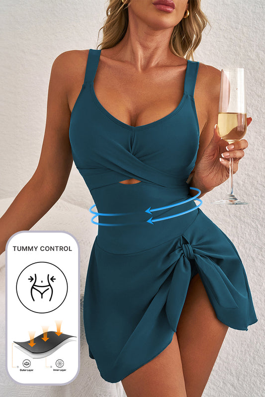 Hazel Blues® | Sea Green Adjustable Straps Cutout Ruched Knot Slit One Piece Swim Dress