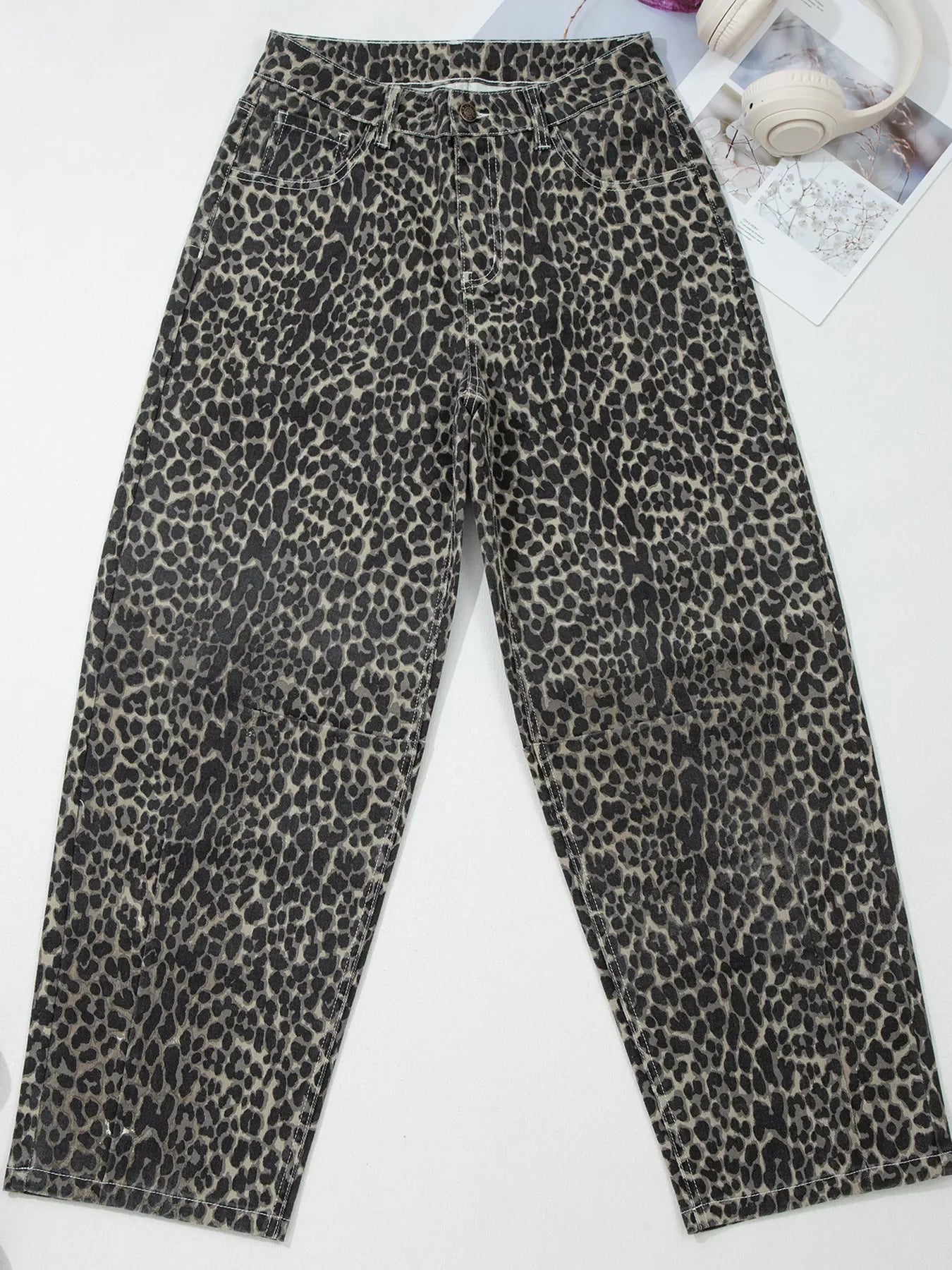 Hazel Blues® |  Leopard Print High Waist Barrel Jeans