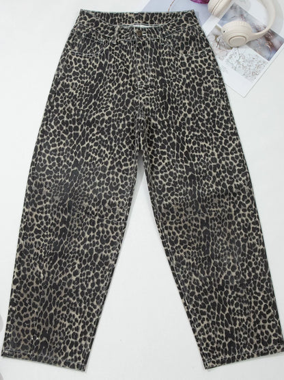 Hazel Blues® |  Leopard Print High Waist Barrel Jeans