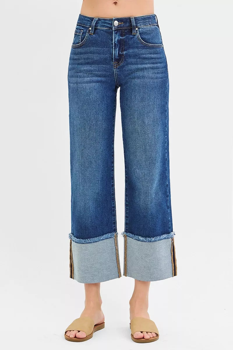 Hazel Blues® | RISEN Mid Rise Crop Wide Wide Cuffed Jeans