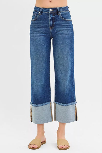 Hazel Blues® | RISEN Mid Rise Crop Wide Wide Cuffed Jeans