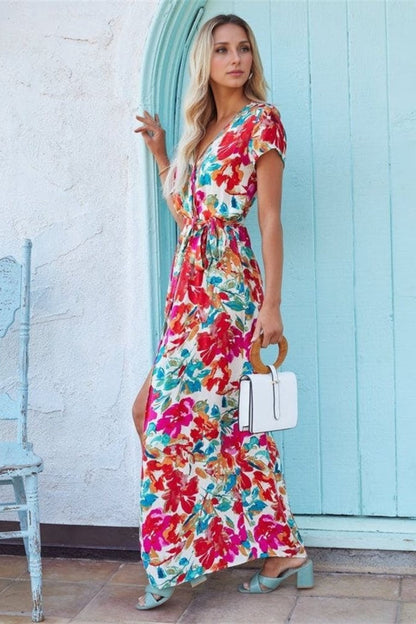 Hazel Blues® |  Printed Surplice Short Sleeve Tie Waist Maxi Dress