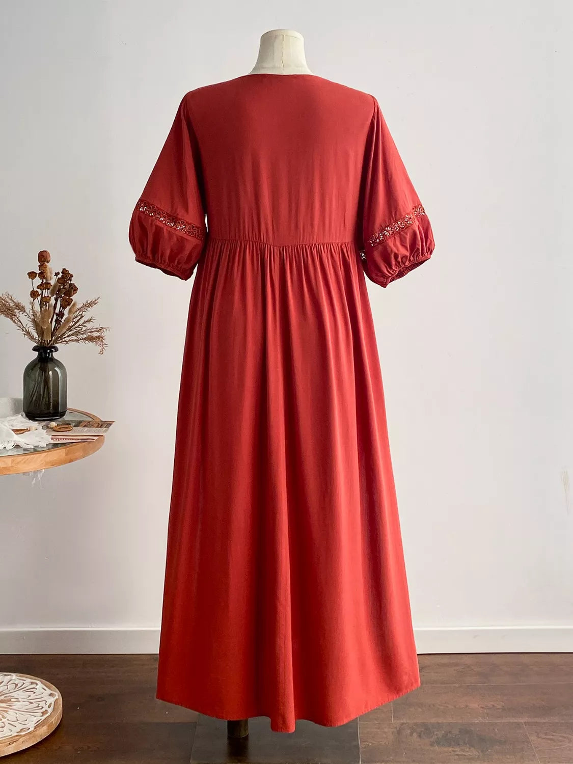 Hazel Blues® | Tie Neck Puff Sleeve Midi Dress with Lace Trim