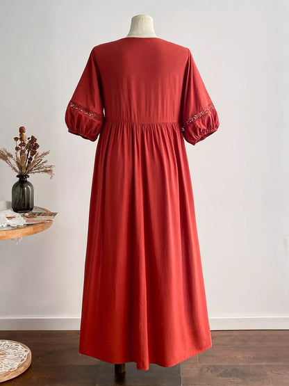 Hazel Blues® | Tie Neck Puff Sleeve Midi Dress with Lace Trim