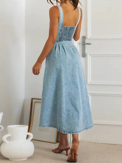 Hazel Blues® |  Sweetheart Neck Button-Front Midi Denim Dress