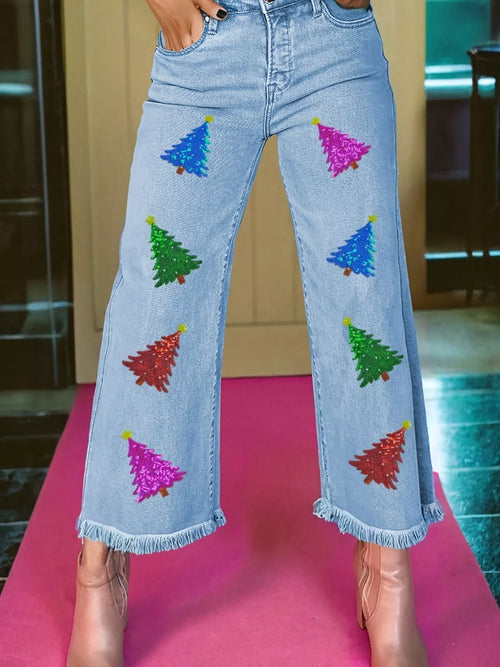 Hazel Blues® |  Colorful Sequin Christmas Tree Patched Raw Hem Cropped Wide Leg Jeans
