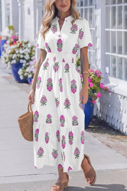 Hazel Blues® |  Floral Print Split Neck Shirred High Waist Ruffle Hem Midi Dress