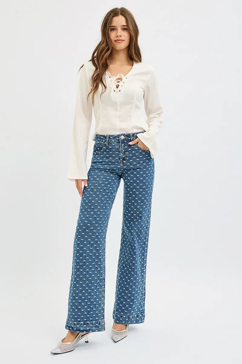 Hazel Blues® |  RISEN High Rise Wide Leg Bow Embroidered Jeans