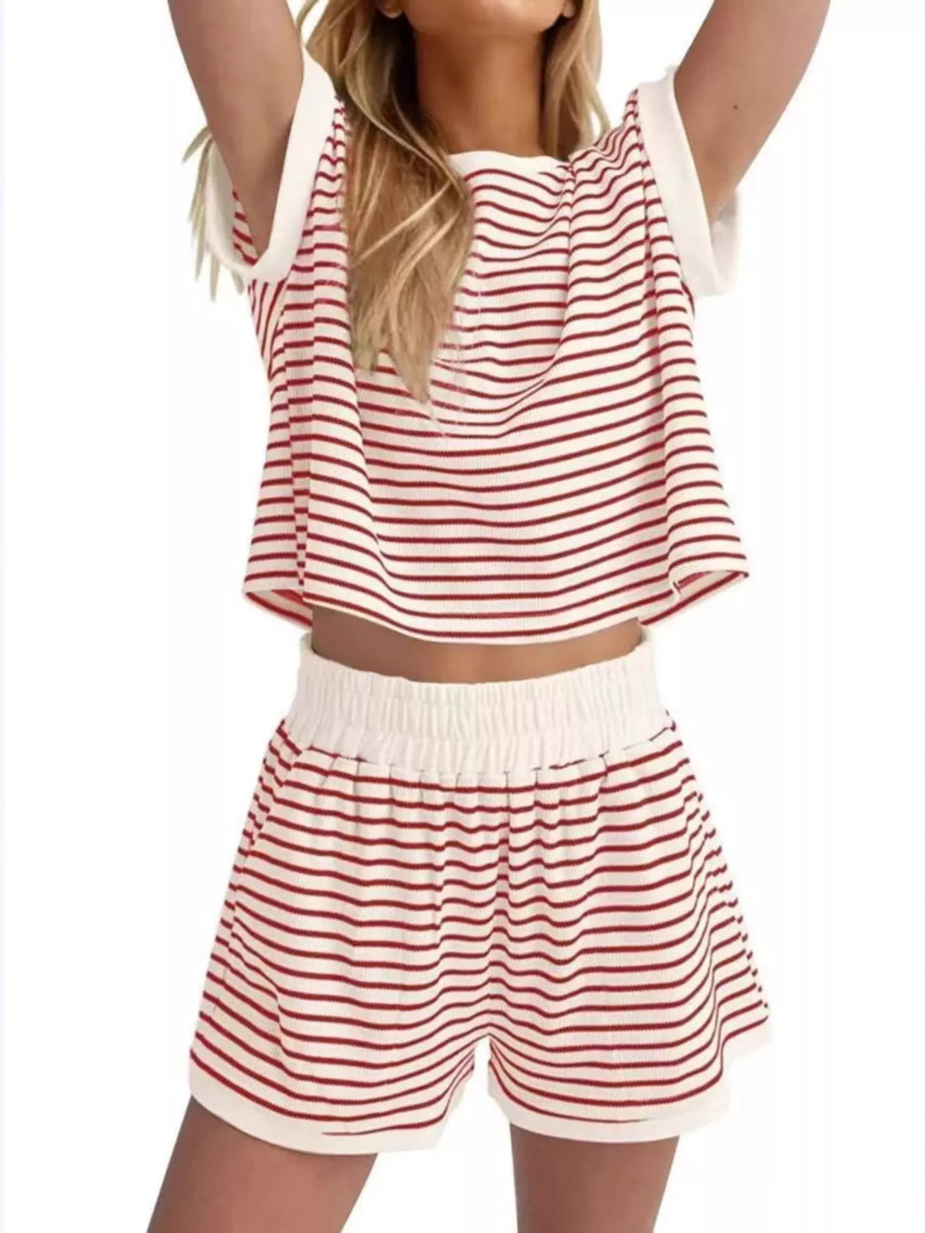 Hazel Blues® | Striped Round Neck Top and Shorts Set