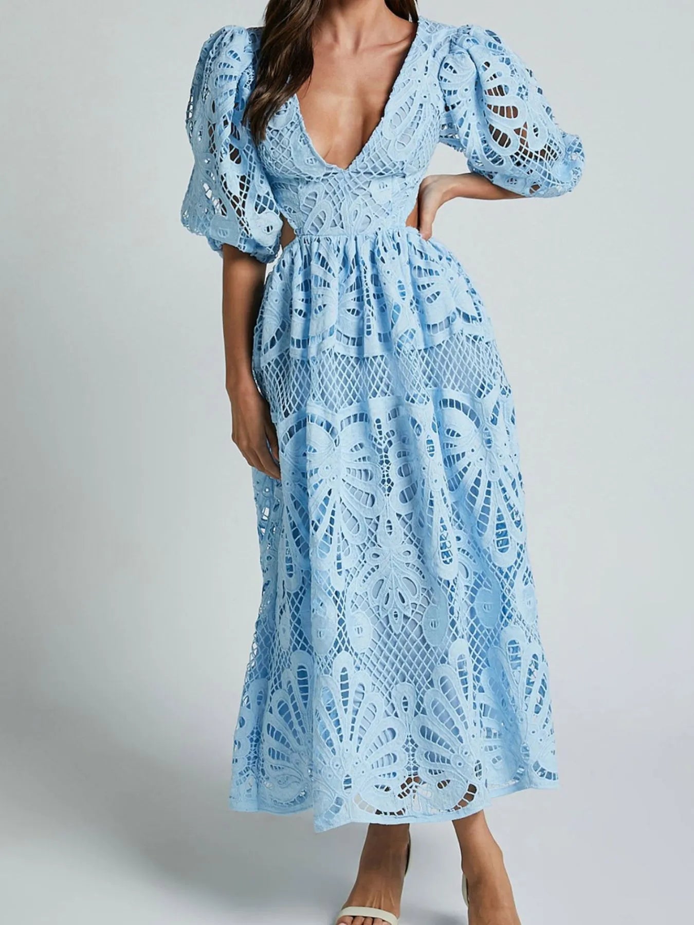 Hazel Blues® |  Cutout Back Lace Crochet V-Neck Dress