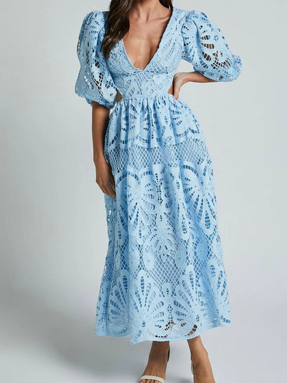 Hazel Blues® |  Cutout Back Lace Crochet V-Neck Dress