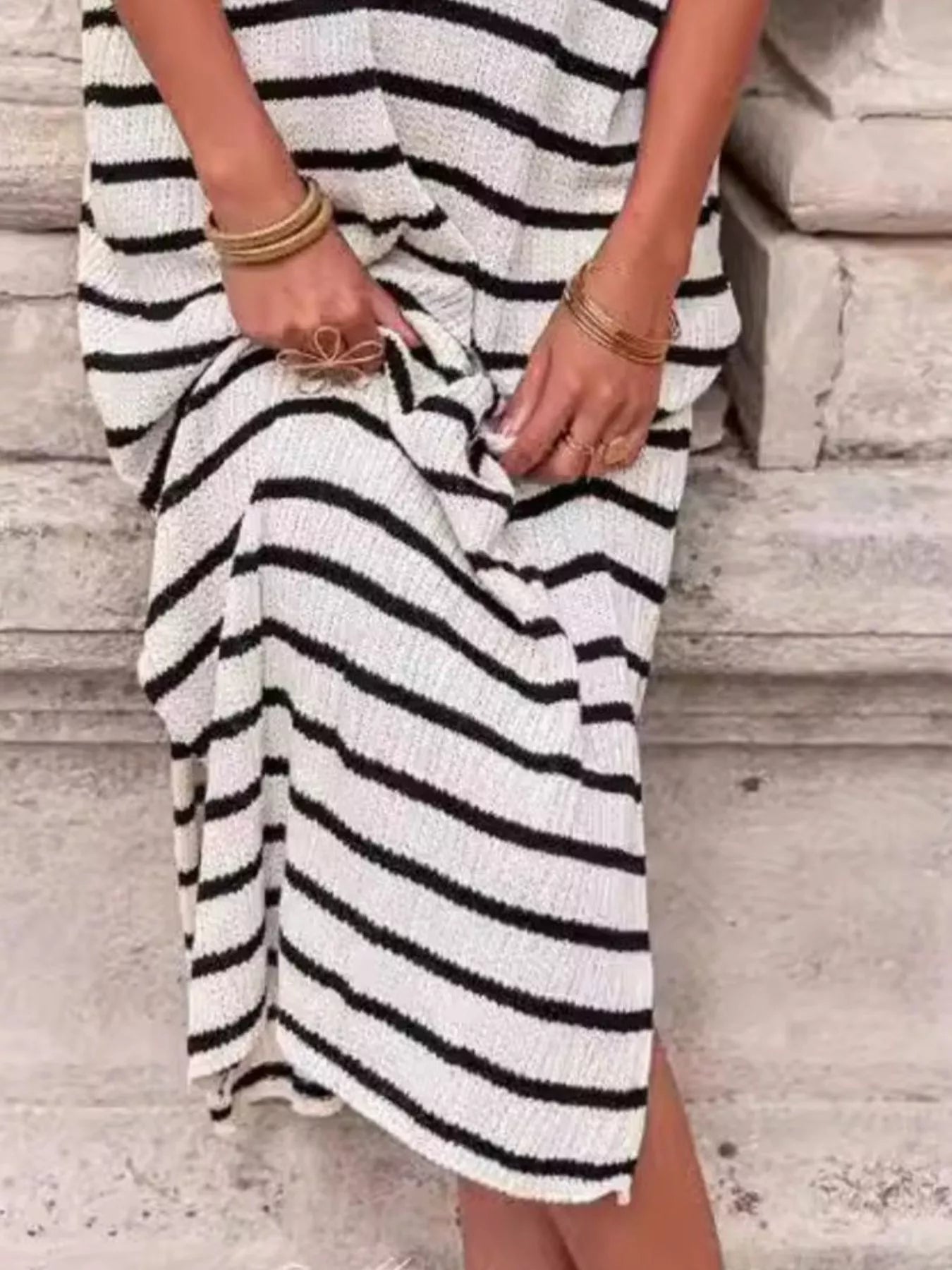 Hazel Blues® |  Striped Knit Slit Short Sleeve Midi Dress