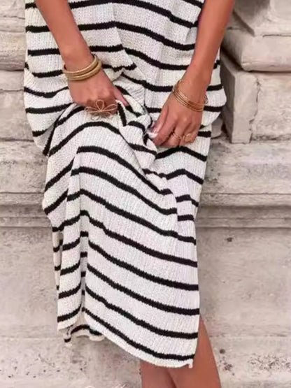 Hazel Blues® |  Striped Knit Slit Short Sleeve Midi Dress