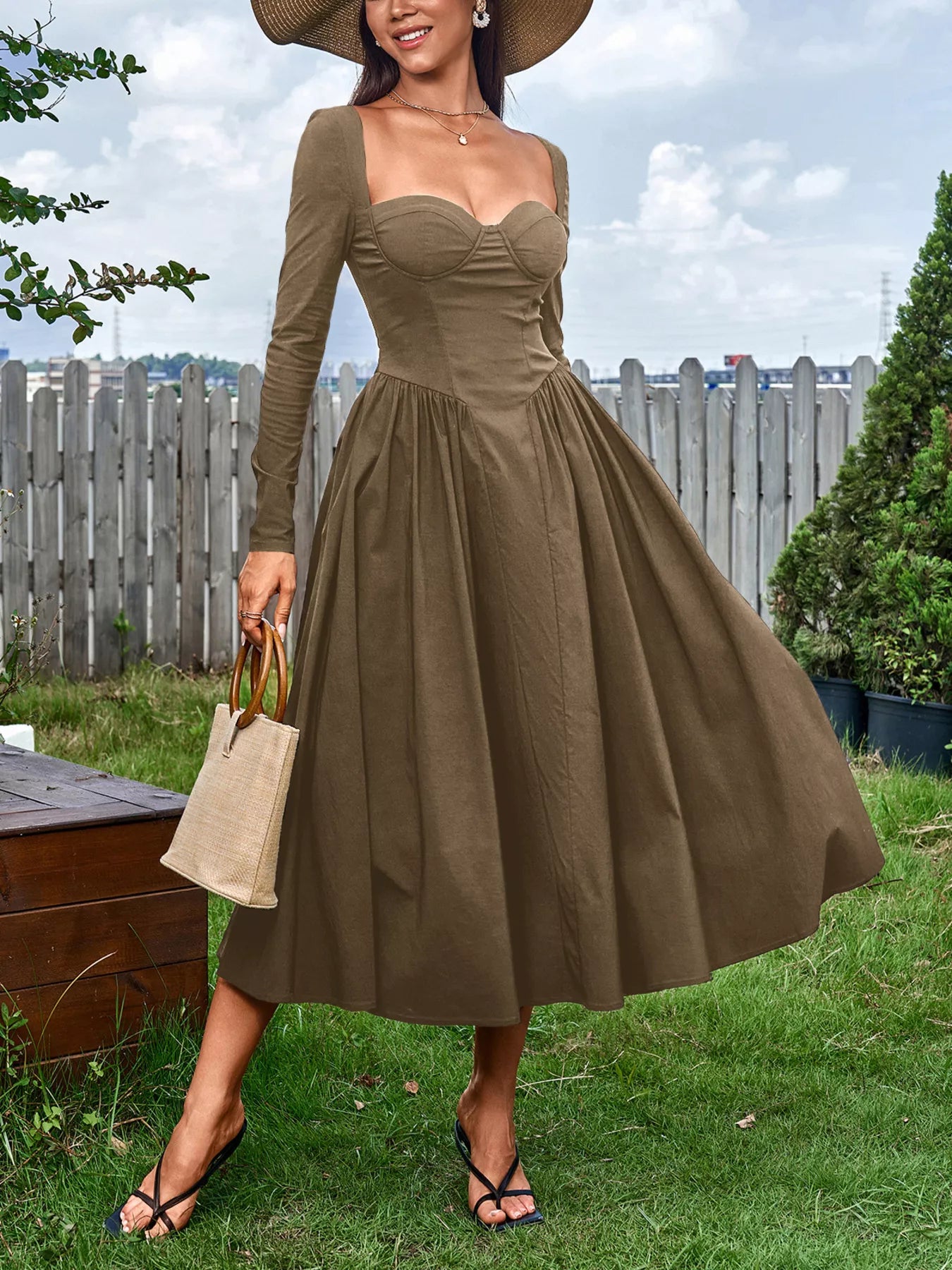 Hazel Blues® |  Sweetheart Neckline Long Sleeve A-Line Midi Dress