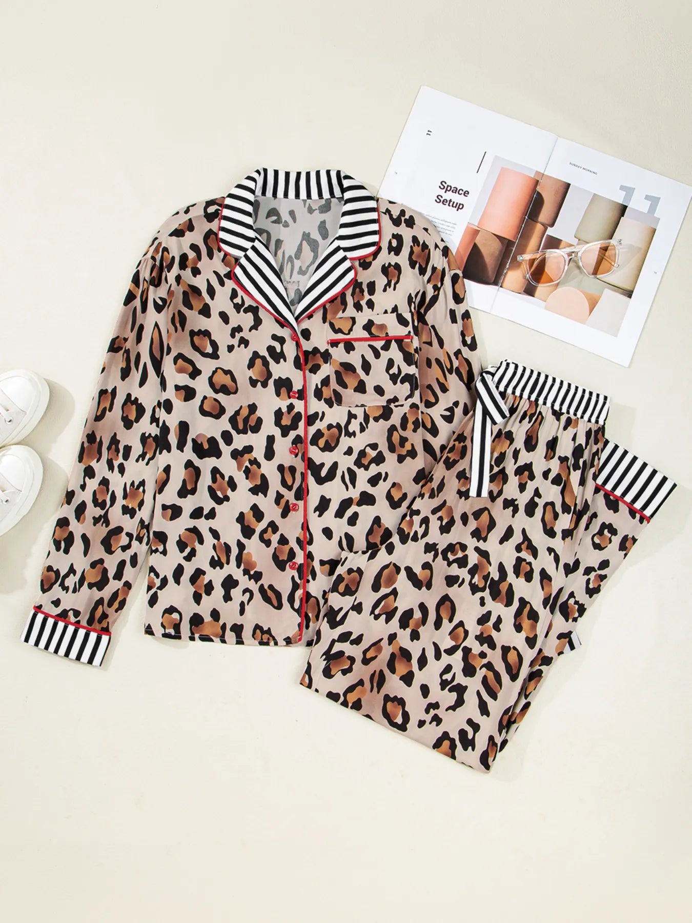 Hazel Blues® |  Leopard and Striped Trim Shirt and Pants Set